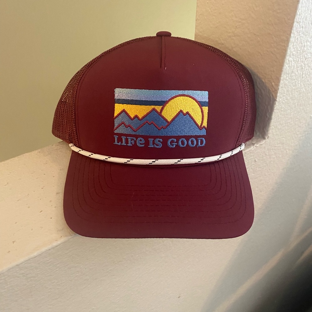 Life Is Good Burgundy Trucker Hat with Sunset Patch. Adjustable. NWOT.